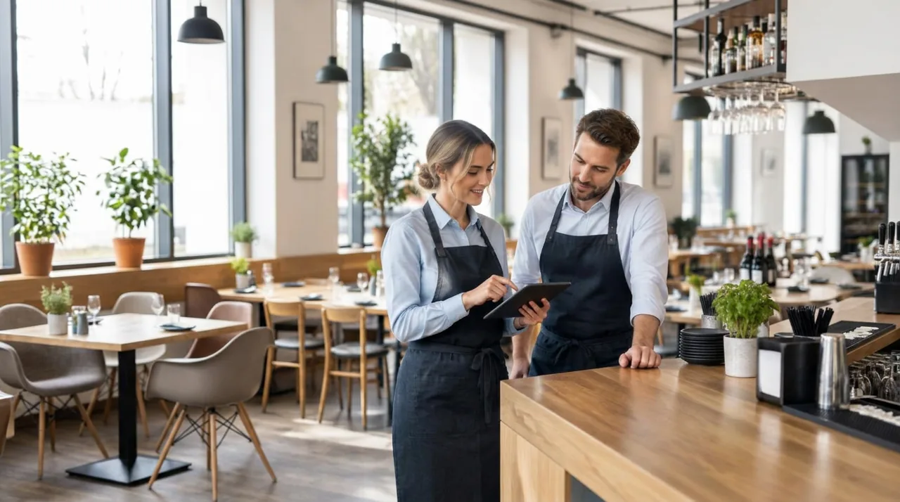 To medarbeidere øver sammen på et nettbrett i en restaurant